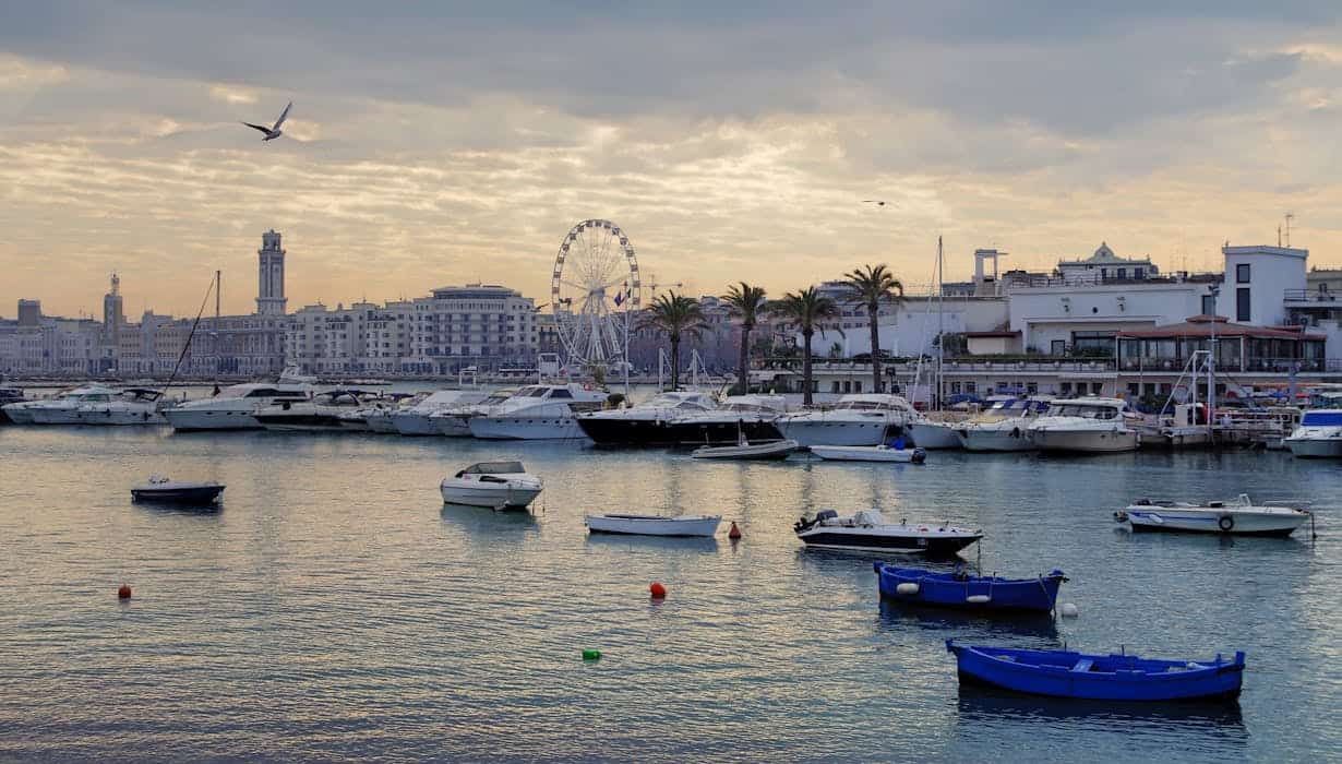 Coastal scene with boats docked at a harbor, featuring city skyline and Ferris wheel.