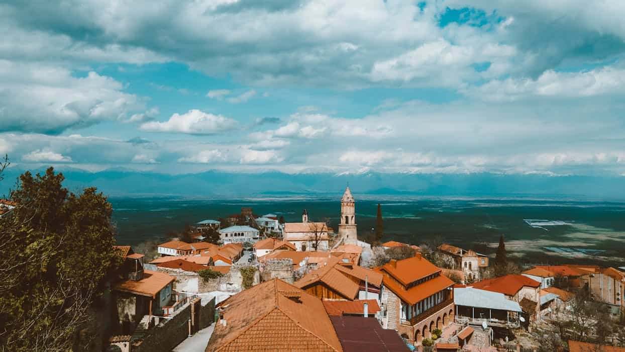 A stunning aerial view of Sighnaghi town showcasing picturesque rooftops and a vast mountain backdrop.