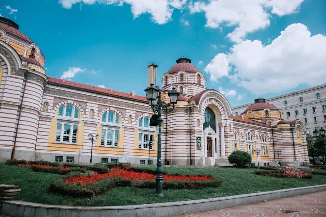 Central Mineral Baths in Sofia with stunning neo-Byzantine architecture under a clear blue sky.