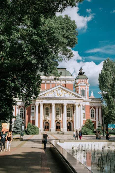 Elegant architecture of the National Theatre Ivan Vazov in sunny Sofia, Bulgaria.